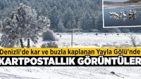 Denizli’de kar ve buzla kaplanan Yayla Gölü’nde kartpostallık görüntüler